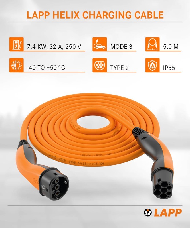 61797  Cable VE carga, Tipo 2 Mennekes 32A Monofasico 7,4kW  5 metros Liso Naranja HELIX&reg; Lapp Mobility