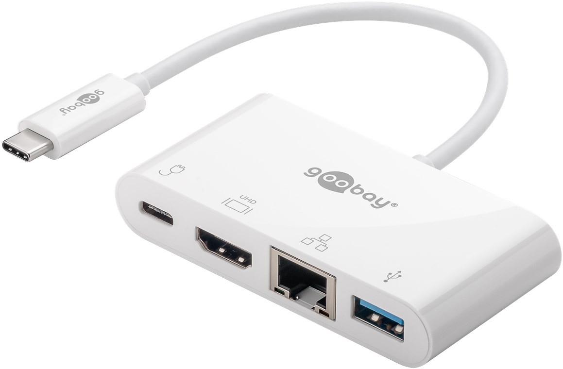 62105  Adaptador Multipuerto USB C (HDMI + Ethernet, USB-A 3.0 PD), Blanco Goobay