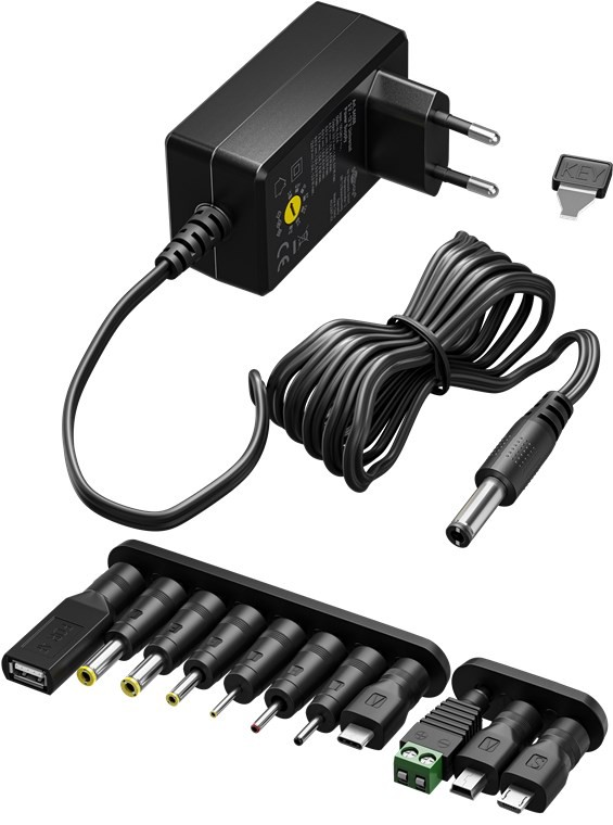 64570  Alimentador Universal 3-12V 27W 2.25A  7 Conectores DC  y USB-A, USB Mini-B, Micro-USB Goobay