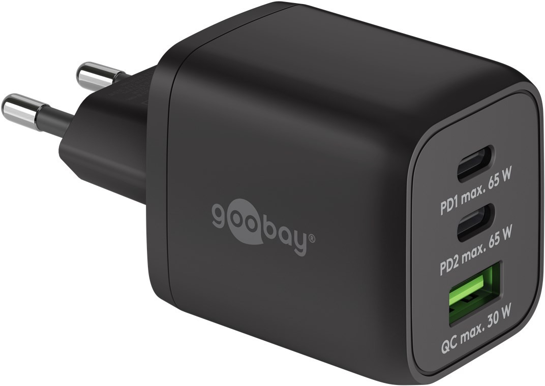 64753  Cargador  65W USB 3 puert. 2 x USB-C 1 x USB-A Negro GAN PD QC3.0 Salida Lateral Tamaño Nano Goobay