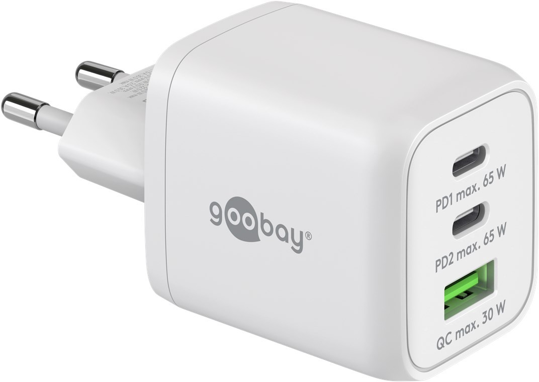 64754  Cargador  65W USB 3 puert. 2 x USB-C 1 x USB-A Blanco GAN PD QC3.0 Salida Lateral Tamaño Nano Goobay