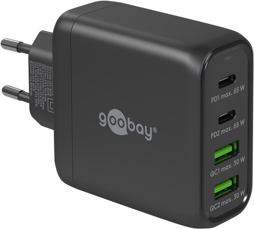 64817  Cargador  68W USB 4 puert. 2 x USB-C 2 x USB-A Negro GAN PD QC3.0 Salida Lateral Goobay