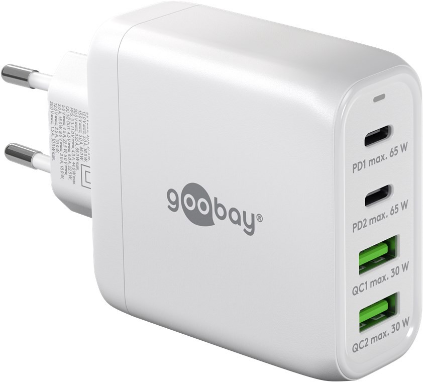 64818  Cargador  68W USB 4 puert. 2 x USB-C 2 x USB-A Blanco GAN PD QC3.0 Salida Lateral Goobay