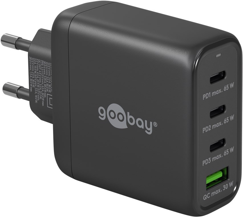 64819  Cargador  68W USB 4 puert. 3 x USB-C 1 x USB-A Negro GAN PD QC3.0 Salida Lateral Goobay