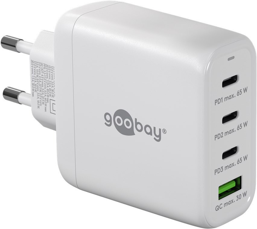 64822  Cargador  68W USB 4 puert. 3 x USB-C 1 x USB-A Blanco GAN PD QC3.0 Salida Lateral Goobay