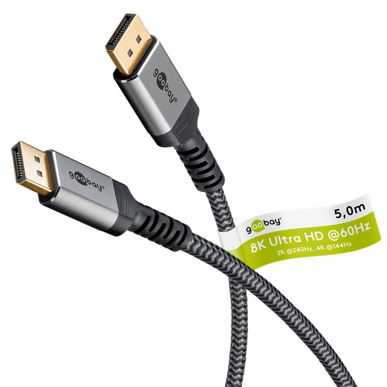 65267  Cable Displayport  Macho-Macho de  5m V.1.4 8K Carcasa de aluminio, dorado, Nylon Goobay Bolsa Retail