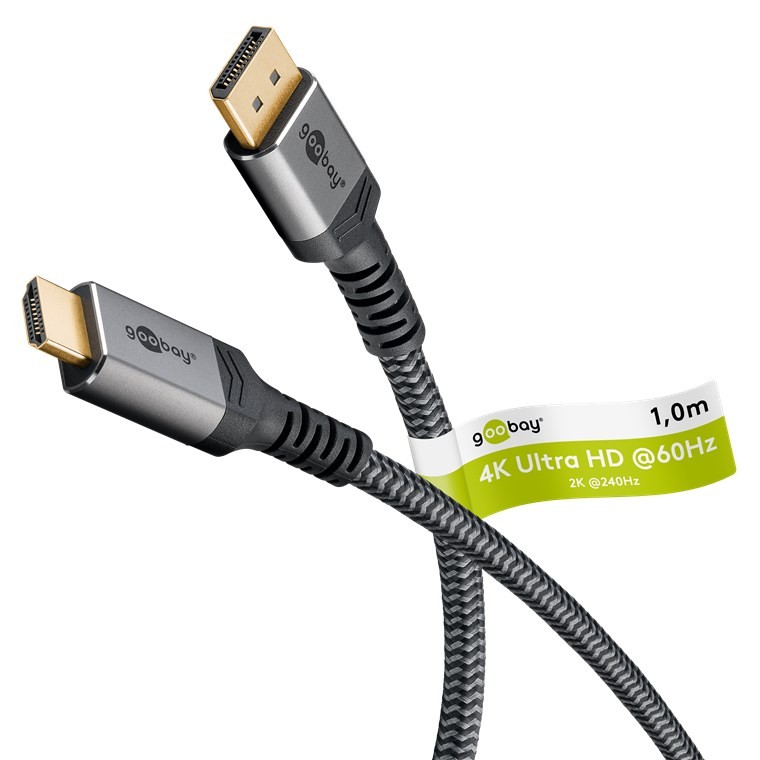 65268  Cable  1,00m Negro DisplayPort 1.2 Macho a HDMI 2,0 Macho 4K/60 Hz Carcasa de aluminio, dorado, Nylon Blister Flexiplus