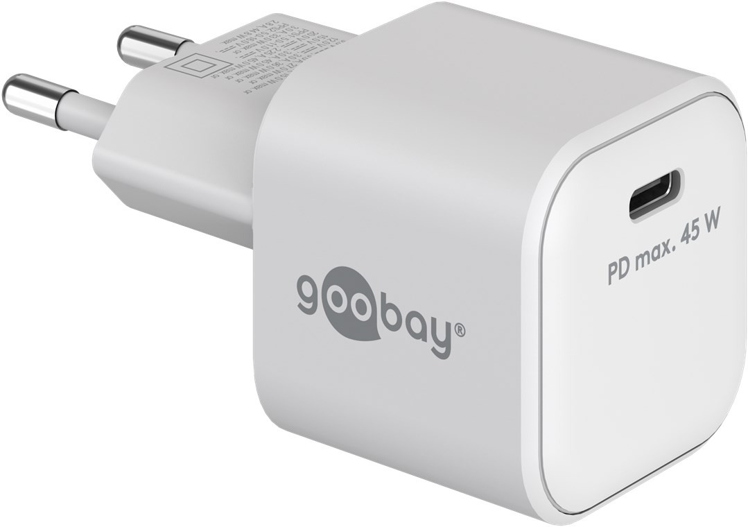 65332  Cargador  45W USB 1 puert. USB-C Blanco GAN PD Salida Lateral Tamaño Nano Goobay