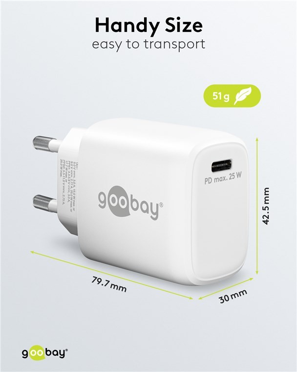 65368  Cargador  25W USB 1 puert. USB-C Blanco GAN FC PD Salida Lateral Goobay