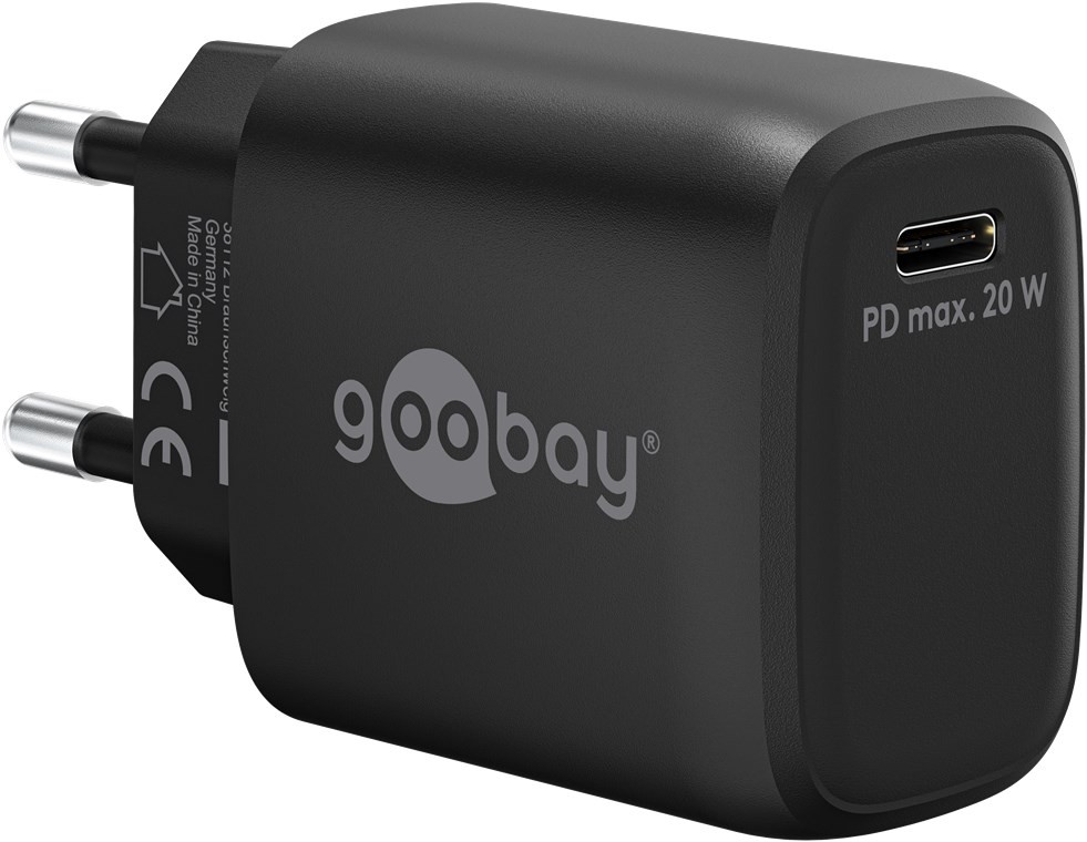 65405  Cargador  20W USB 1 puert. USB-C Negro GAN FC PD Goobay