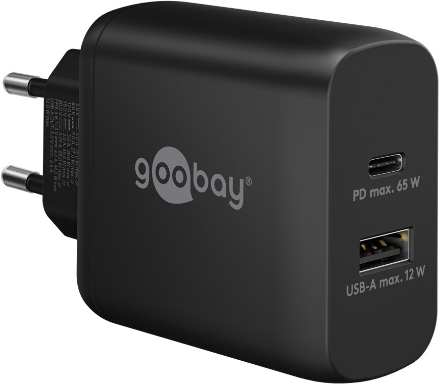 65409  Cargador  65W USB 2 puert. 1 x USB-C 1 x USB-A Negro GAN PD Salida Lateral Goobay