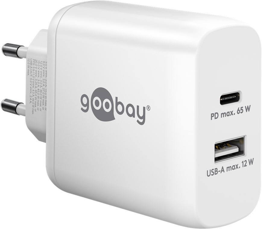 65410  Cargador  65W USB 2 puert. 1 x USB-C 1 x USB-A Blanco GAN PD Salida Lateral Goobay