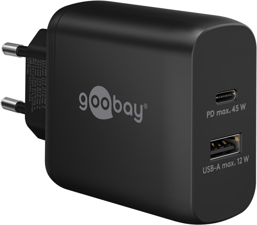 65411  Cargador  45W USB 2 puert. 1 x USB-C 1 x USB A Negro GAN PD Salida Lateral Goobay