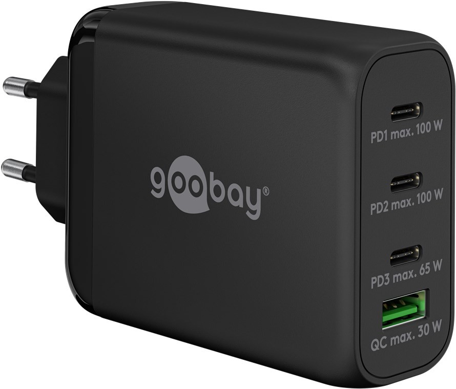 65555  Cargador 100W USB 4 puert. 3 x USB-C 1 x USB-A Negro GAN PD QC3.0 Salida Lateral Goobay