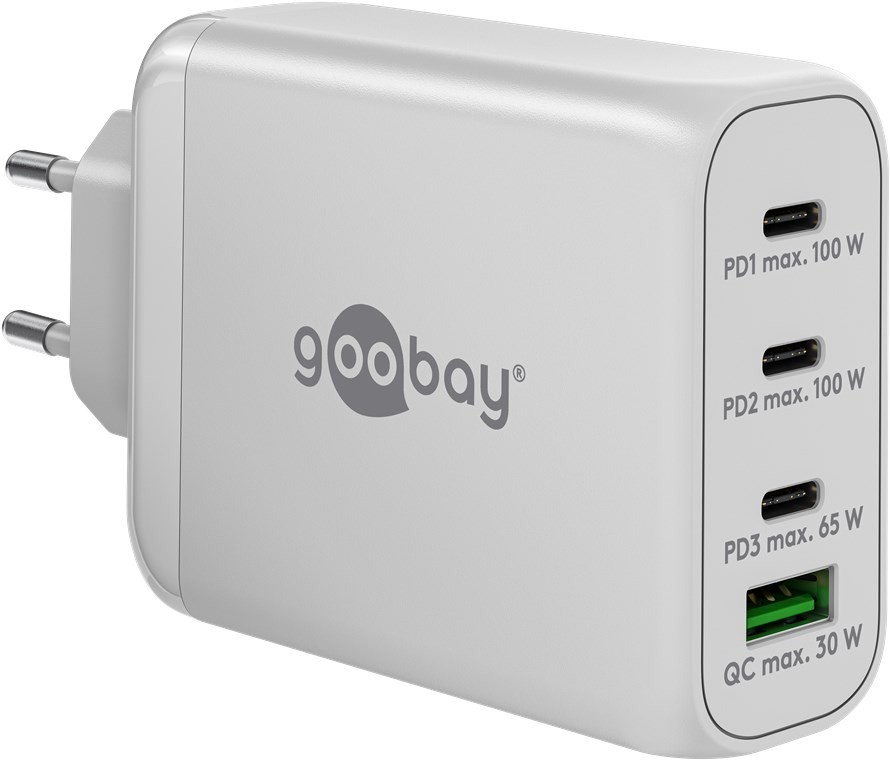 65556  Cargador 100W USB 4 puert. 3 x USB-C 1 x USB-A Blanco GAN PD QC3.0 Salida Lateral Goobay