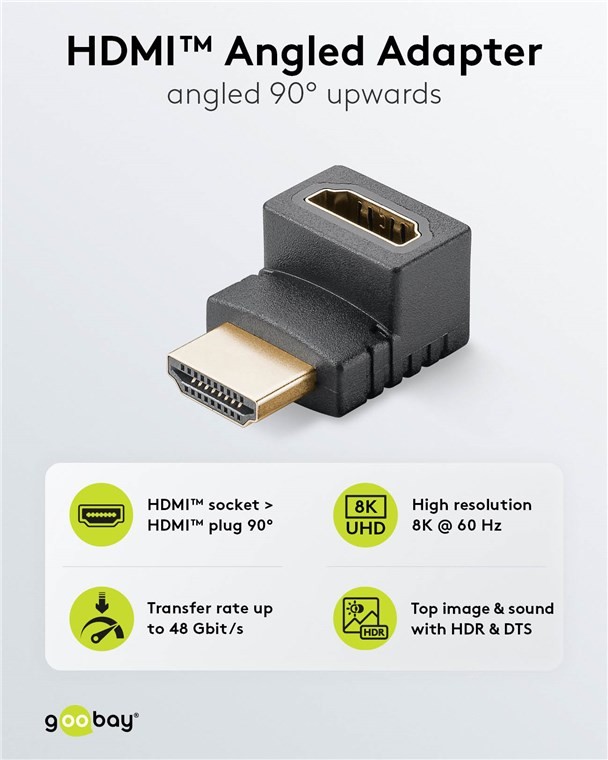 65744  Adaptador HDMI Hembra a HDMI Macho Codo 90°  Vertical, 8K/60Hz Goobay