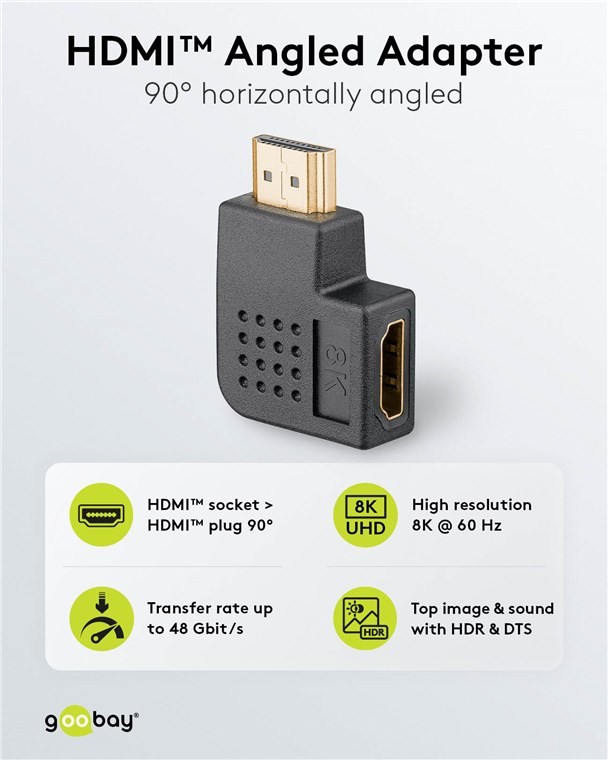 65745  Adaptador HDMI Hembra a HDMI Macho Codo 90°  Horizontal, 8K/60Hz Goobay