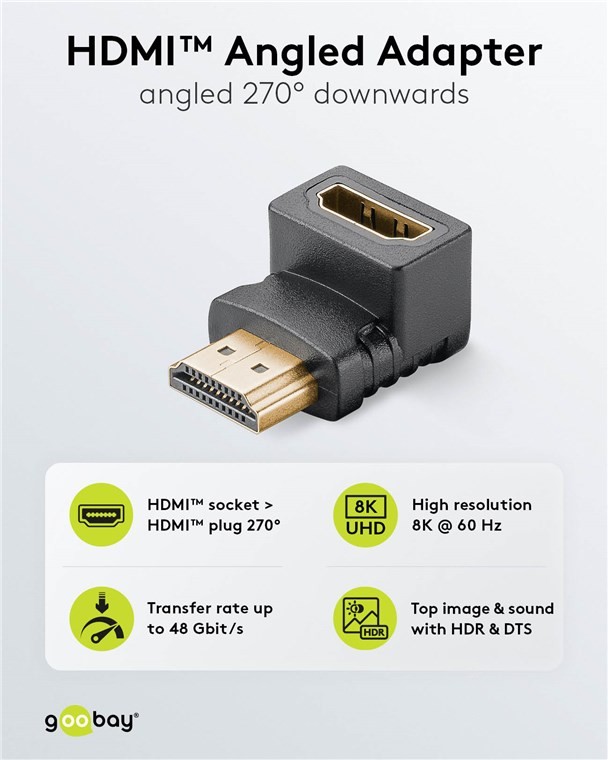 65749  Adaptador HDMI Hembra a HDMI Macho Codo 270°  Vertical, 8K/60Hz Goobay