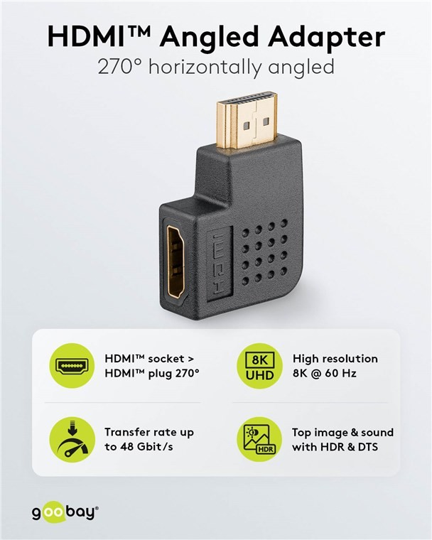 65750  Adaptador HDMI Hembra a HDMI Macho Codo 270°  Horizontal, 8K/60Hz Goobay plastico