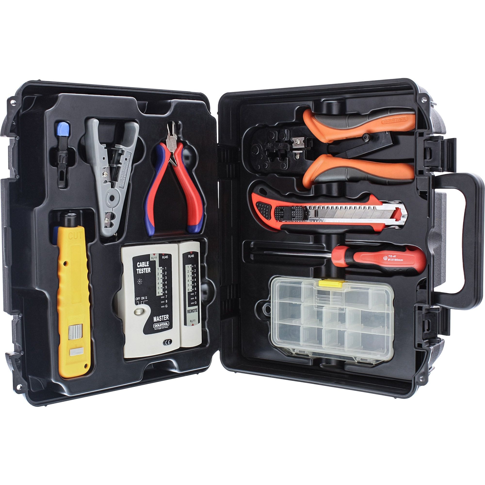 66407H  Kit de herramientas básicas de reparación de red con comprobador   Goldtool