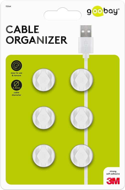70364  Juego de 6 piezas para organizar y sujetar cables, extraíble, Gestión de cables 2 ranura, Blanco Blister