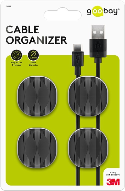 70398  Juego de 4 piezas para organizar y sujetar cables, extraíble, Gestión de cables 3 ranura, Negro Blister **