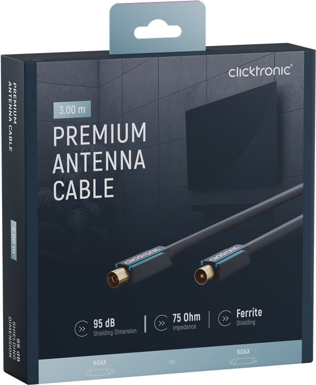 70402  Cable de Antena de  3,0m Coaxial Macho a Coaxial Hembra <95 dB Negro Blister Carton Clicktronic