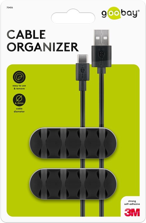 70406  Juego de 2 piezas para organizar y sujetar cables, extraíble, Gestión de cables 4 ranuras, Negro, Blister