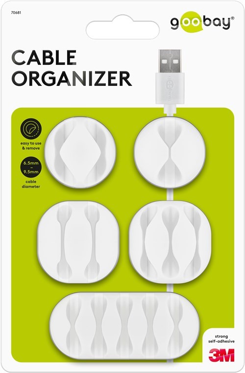 70681  Juego de 5 piezas para organizar y sujetar cables, extraíble, Tamaños Varios, Blanco Blister