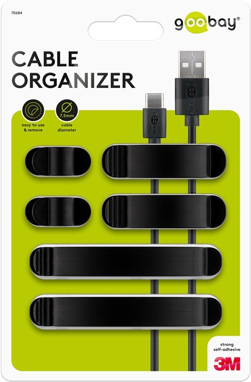 70684  Juego de 6 piezas para organizar y fijar cables, extraíble, Juego de clips para gestión de cables, negro Blister