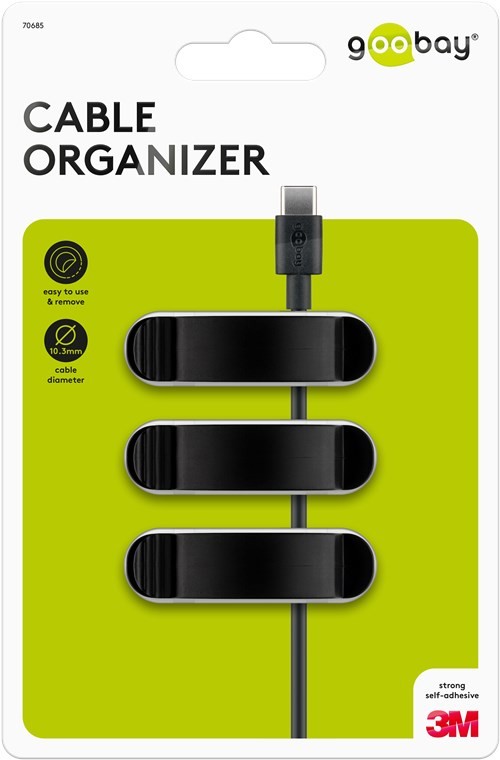 70685  Juego de 3 piezas para organizar y fijar cables, extraíble, Juego de clips para gestión de cables, negro Blister