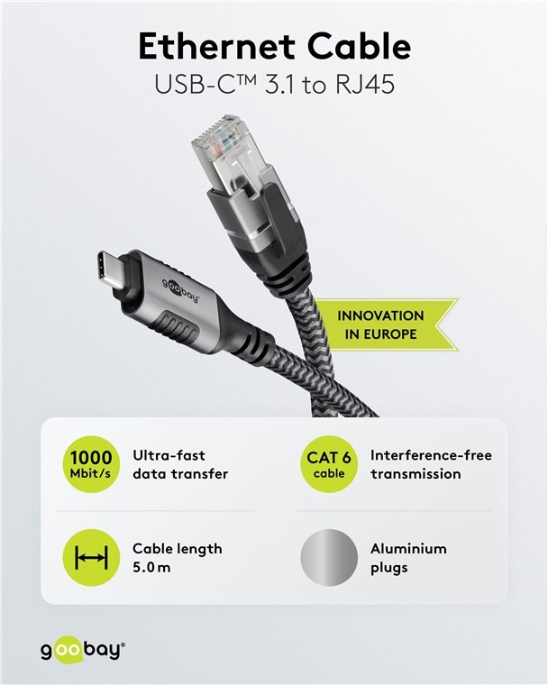 70752  USB-C 3.1 to RJ45 Ethernet Cable, 5 m