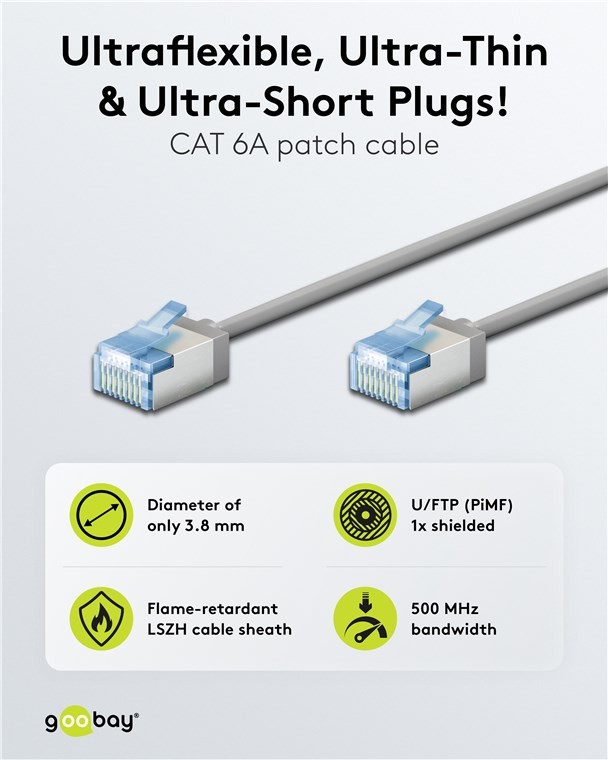 74304  Latiguillo CAT 6A, U/FTP,  0.15 m, Gris, LSZH-TPE  Slim Delgado Goobay
