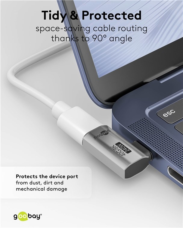 74441  Adaptador USB-C Macho a USB-C Hembra 240W 40Gb/s 8K a 60Hz 90&ordm; Acodado Compacto Gris Goobay USB4.0