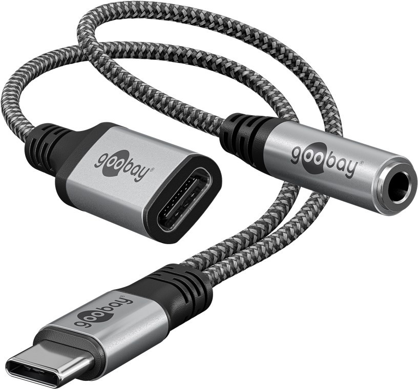74524  Cable Adaptador / convertidor USB C Macho a USB Type-C Hembra  + toma de 3,5 mm Hembra Cable Textil nylon