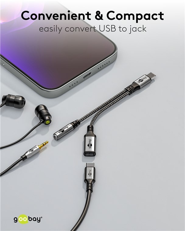 74524  Cable Adaptador / convertidor USB C a USB Type-C + toma de 3,5 mm Cable Textil nylon