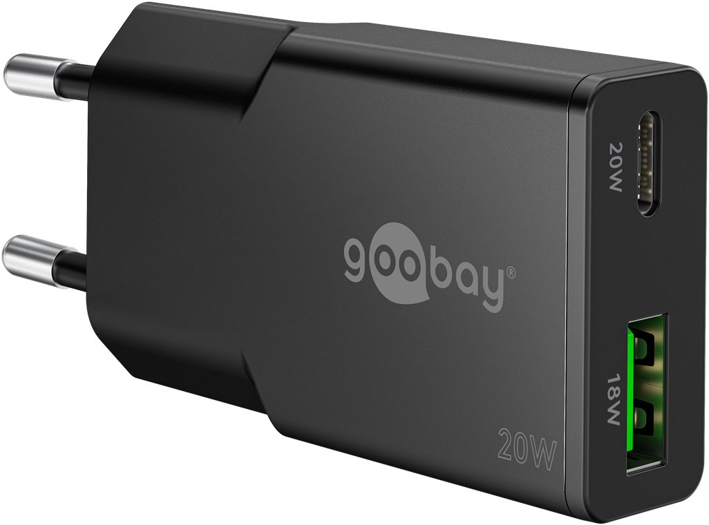 75729  Cargador  20W USB 2 puert. USB-C PD x , USB-A QC 1 GaN Dual Fast Charger Slim Negro Goobay