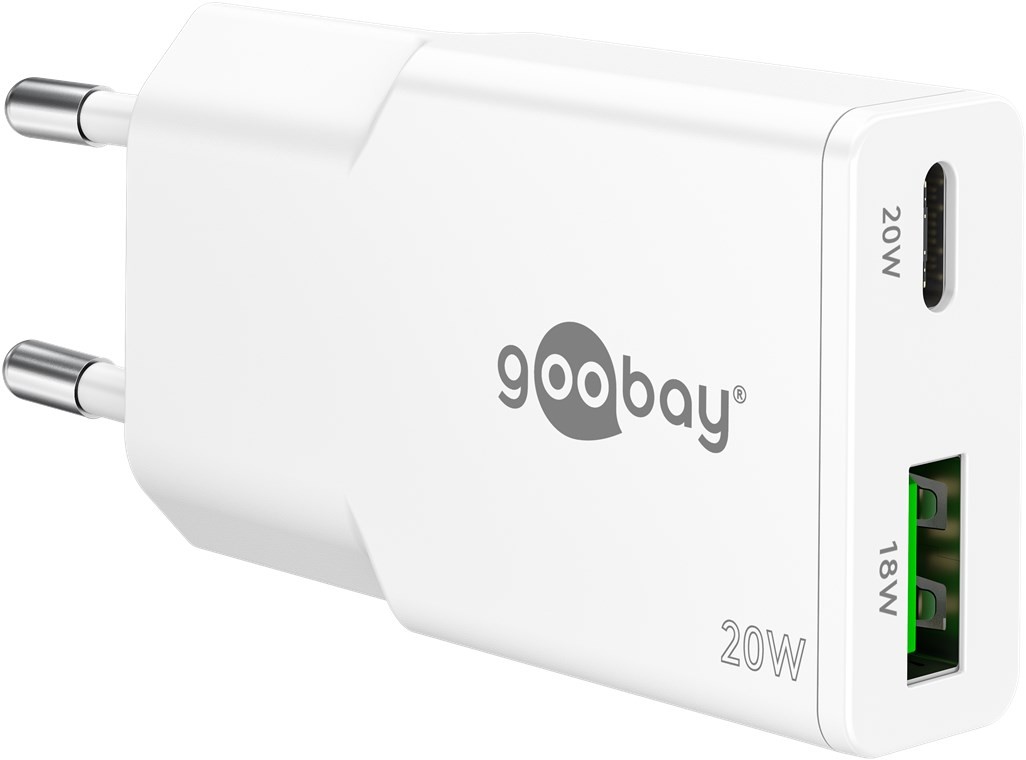 75730  Cargador  20W USB 2 puert. USB-C PD x , USB-A QC 1 GaN Dual Fast Charger Slim Blanco Goobay