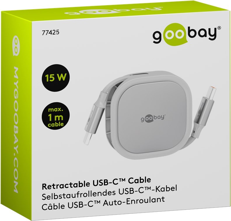 77425  Cable USB-C autorretr&aacute;ctil, 1 m, Blanco/plateado 

Cable de carga USB de 15 W en una robusta caja.
