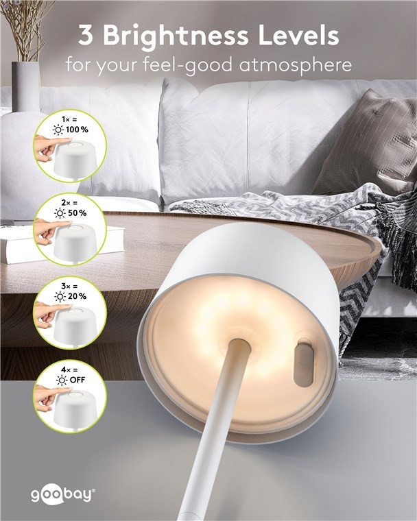 77676  L&aacute;mpara de mesa LED inal&aacute;mbrica, tama&ntilde;o S, 25 cm, blanca 
con control t&aacute;ctil, 150 lm, luz blanca c&aacute;lida (3000 K)