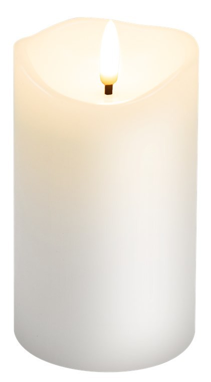 77775  Vela LED de cera aut&eacute;ntica, blanca, 7,5 x 12,5 cm 
con temporizador y cono de llama 3D, funciona con pilas, luz blanca c&aacute;lida