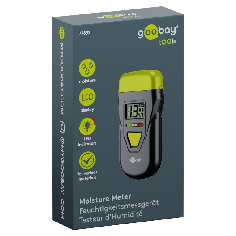 77832  Medidor de humedad
 Mide el contenido de humedad y la temperatura en leña, hormigón y otros materiales.