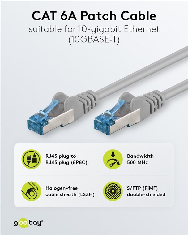 93701  Latiguillo CAT 6A, S/FTP, 10.00 m, Gris, LSZH Goobay