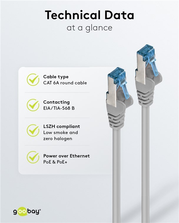 93782  Latiguillo CAT 6A, S/FTP,  3.00 m, Gris, LSZH Goobay