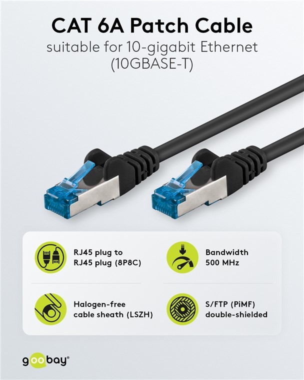 94905  Latiguillo CAT 6A, S/FTP, 30.00 m, Negro, LSZH Goobay