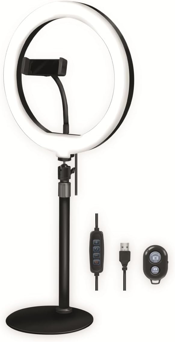 AA0152  Anillo de luz LED (25 cm de diámetro) con Soporte para Smartphone, 3 Modos de Color (Natural, cálido, frío) y