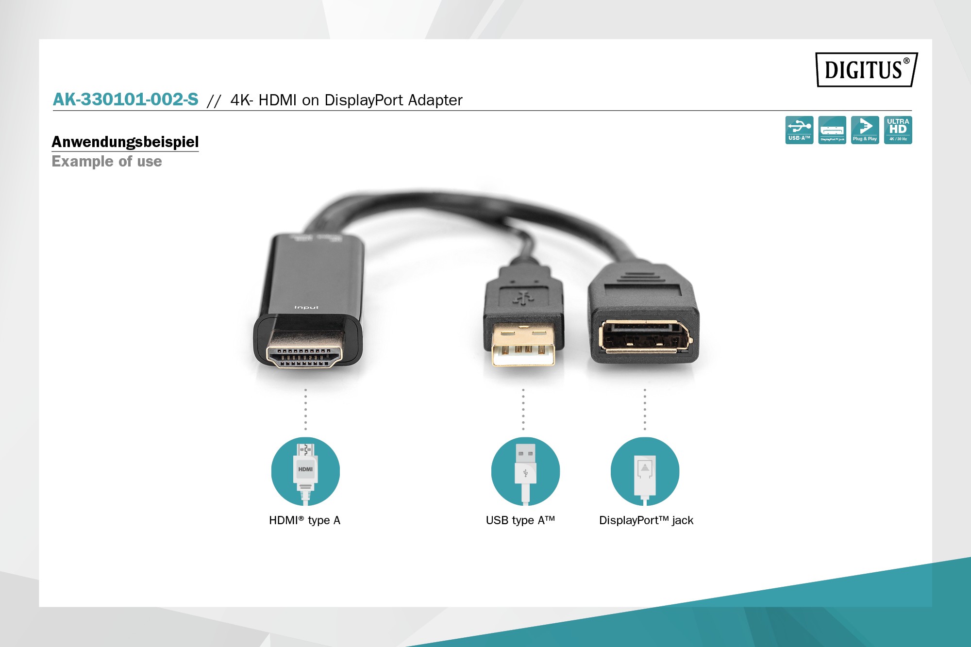 AK-330101-002-S  Adaptador HDMI Macho a DP Hembra con alimentación eléctrica externa 4K con 30 Hz. 0,2 m negro