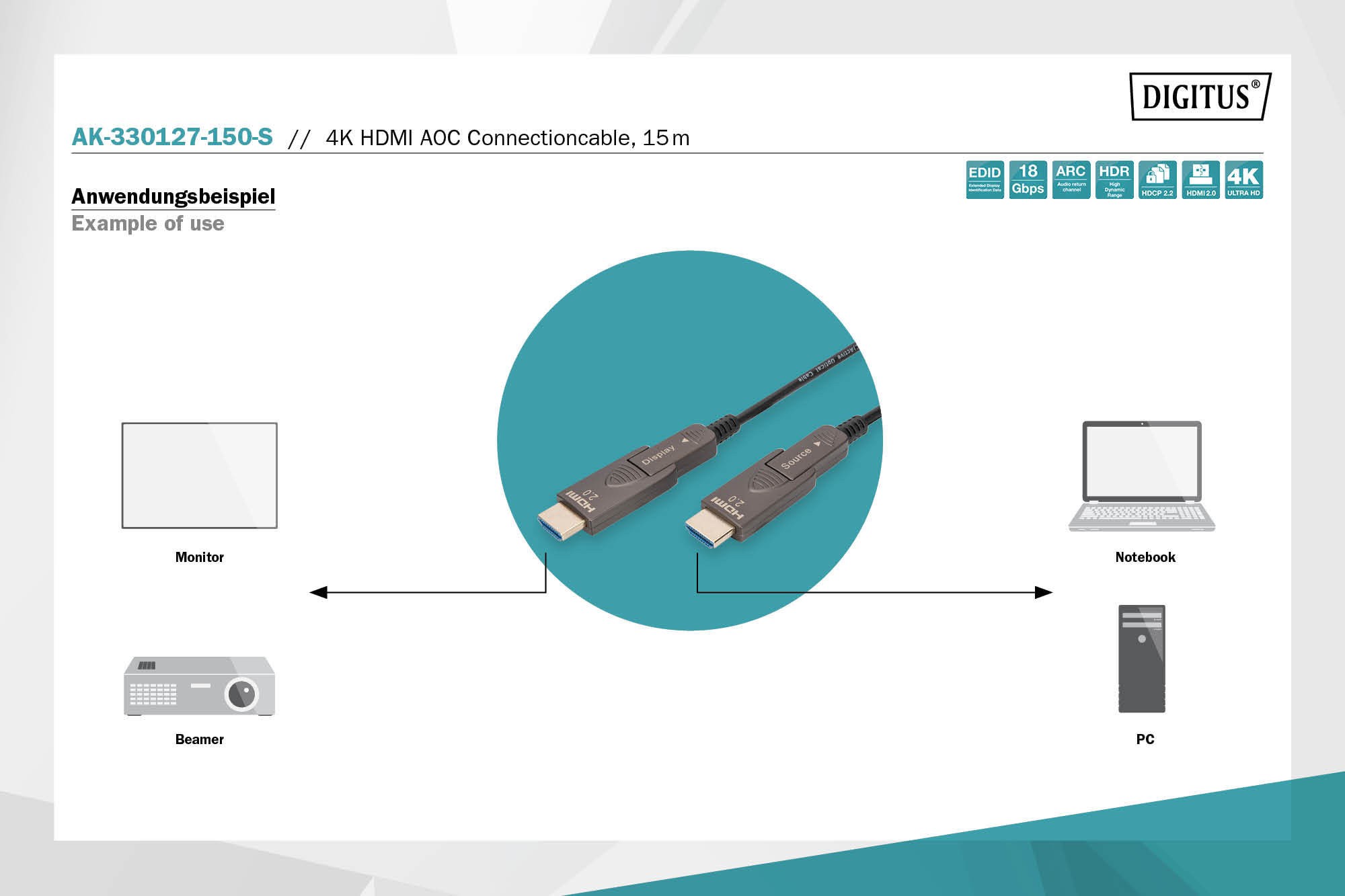 AK-330127-150-S  Cable HDMI A-A 15 metros Optico activo 4K 60Hz  18Gbps Digitus Cable AOC Digitus Conector Desmontable