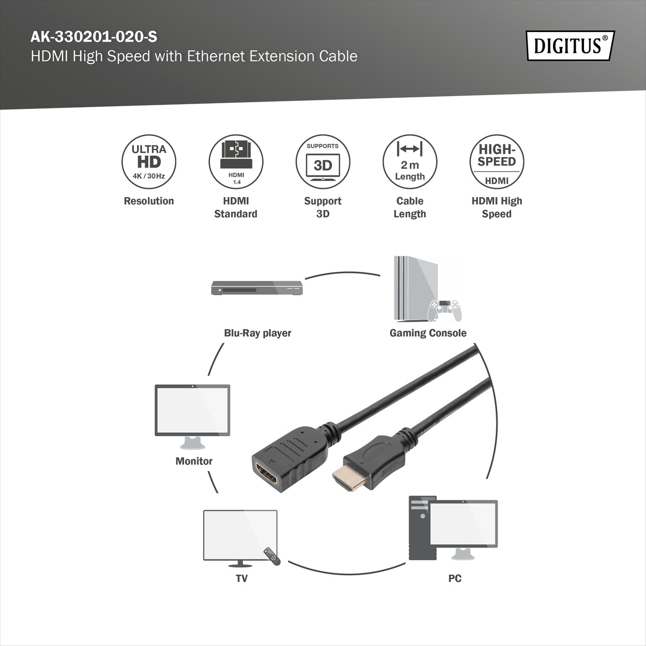 AK-330201-020-S  Cable de extensión HDMI, type A MACHO/HEMBRA, 2.0m, m/Ethernet, Ultra HD 24p, gold, bl