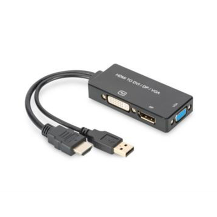 AK-330403-002-S  Convertidor de HDMI a DP+DVI+VGA, M-F/F/F, 0,2m, Negro Digitus